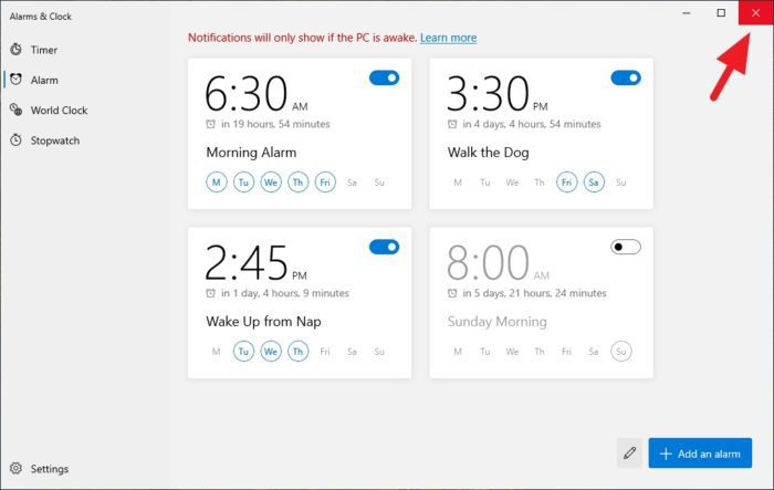 cerrar la alarma - Cómo usar alarmas en Windows 10 y asegurarse de que suene 17