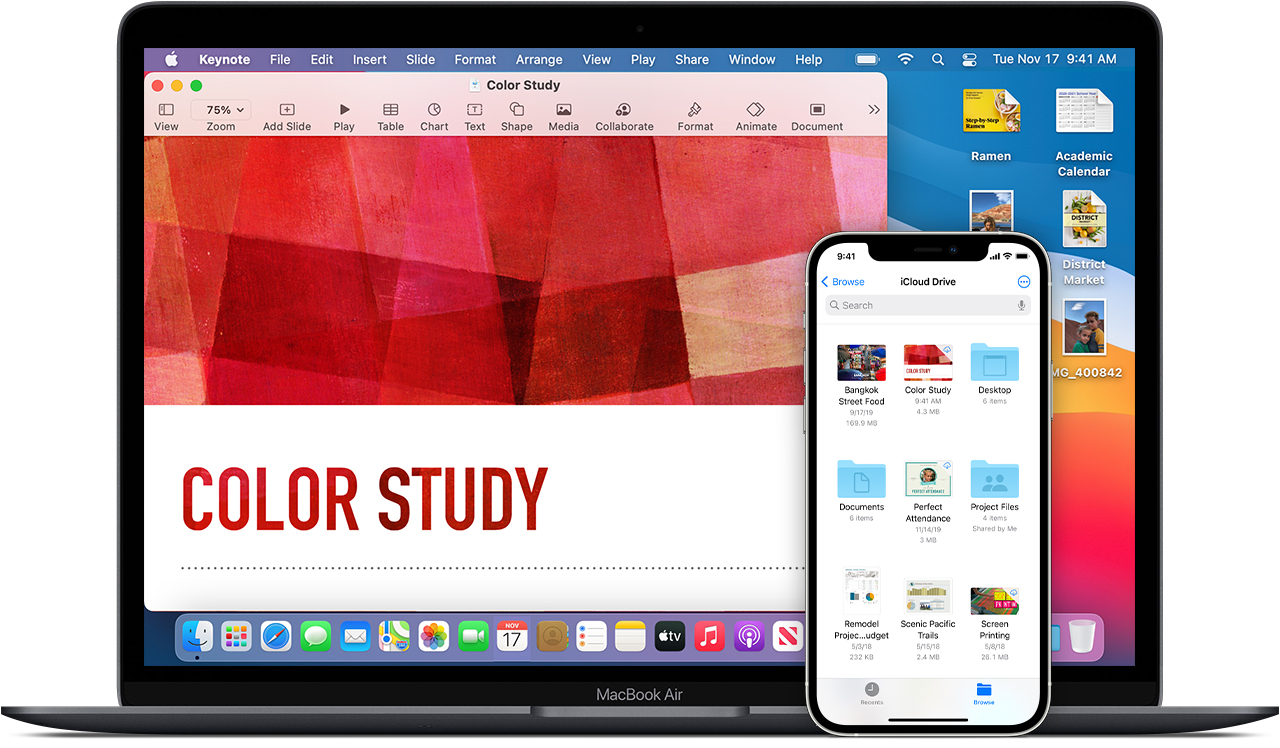 Una imagen promocional que muestra Pages en un MacBook Air junto con iCloud Drive en un iPhone 12.