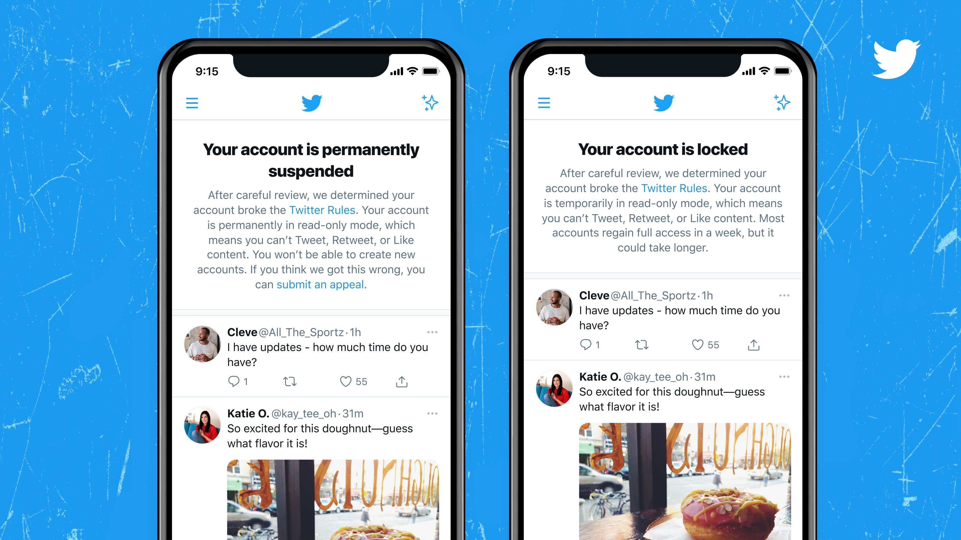 Dos capturas de pantalla de iPhone que muestran alertas en la aplicación de Twitter cuando la cuenta está suspendida o bloqueada permanentemente