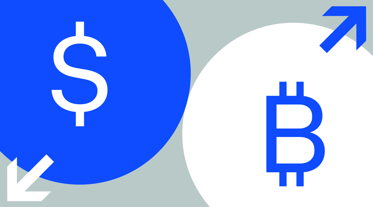 Una ilustración de Coinbase que muestra signos de dólar y Bitcoin
