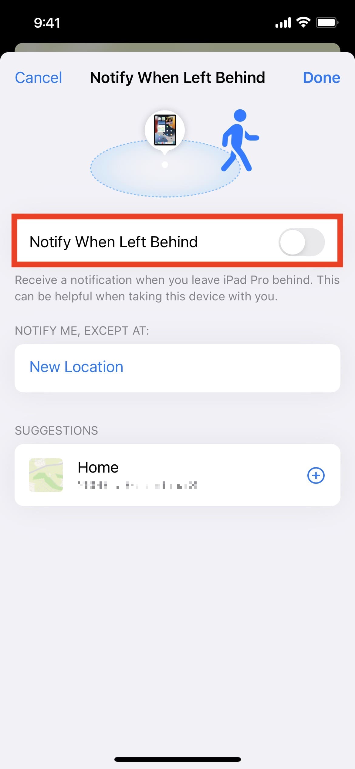 Desactive Notificar cuando se quede atrás en Buscar mi aplicación en iPhone en iOS 15