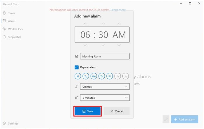 save 4 - Cómo usar alarmas en Windows 10 y asegurarse de que suene 13